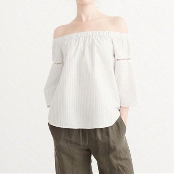 Abercrombie & Fitch Off The Shoulder Top Blouse White Grey Striped - Picture 1 of 3